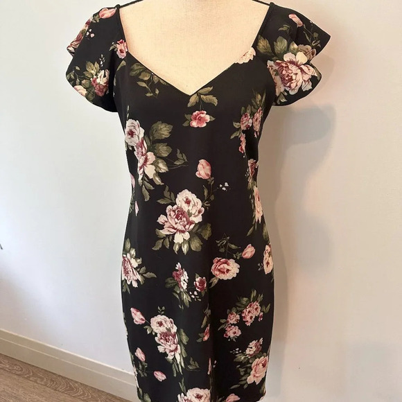 Guilty Floral Black and Pink Midi Dress Bodycon Flutter Sleeve Size Large - Picture 7 of 7